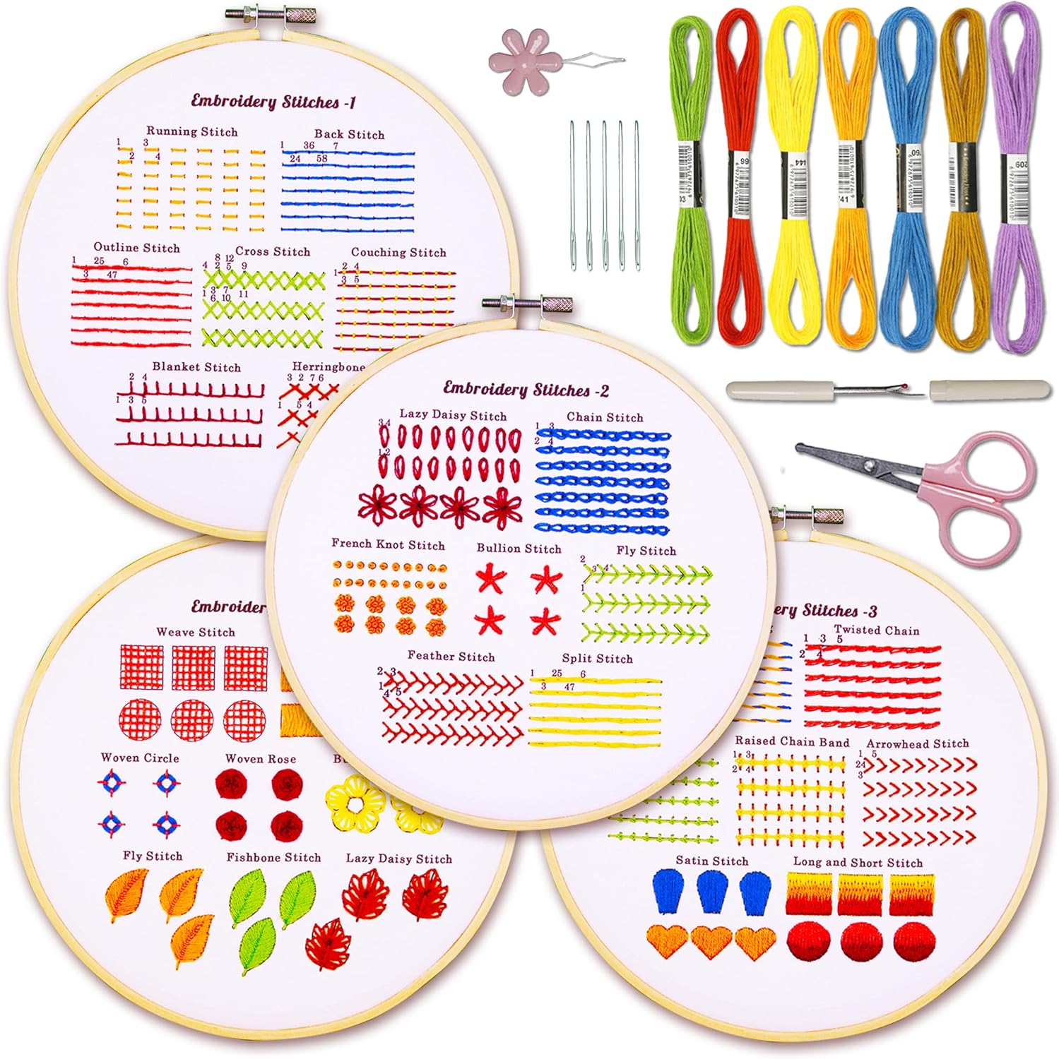 Bradove 4 Sets Embroidery Stitch Practice Kit for Beginners Adults Kids, Beginne...