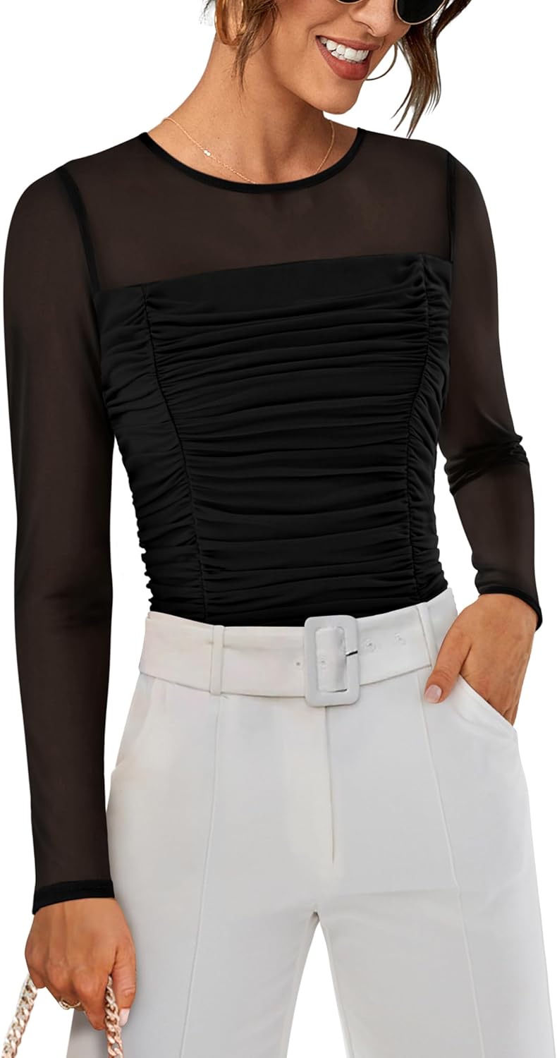 GRACE KARIN Women Basic Long Sleeves Mesh Tops Ruched Skims Top Crew Neck T-Shir...