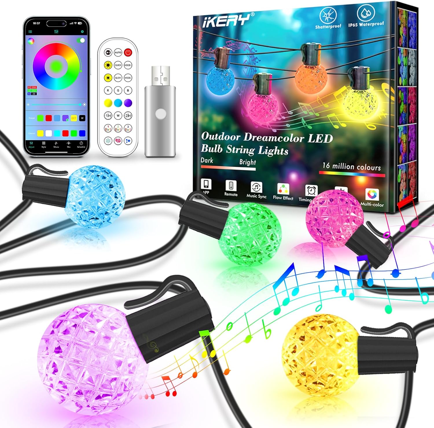IKERY LED String Lights USB Outdoor IP65 Dreamcolor Fairy Lights, 30m/100ft G40...