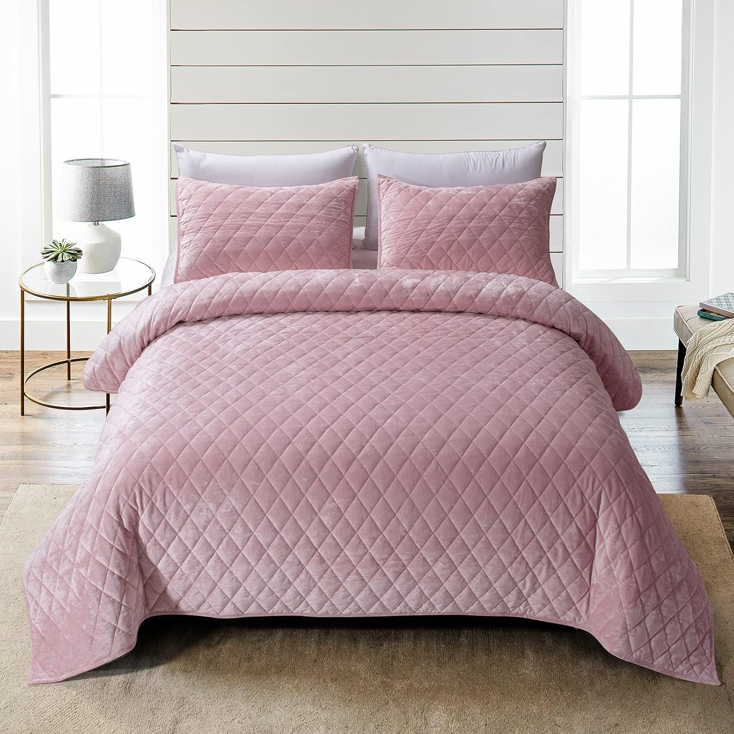 Fredsure Quilt Set, Special Distressed Velvet Quilt For 3 Pieces Light Pink King...