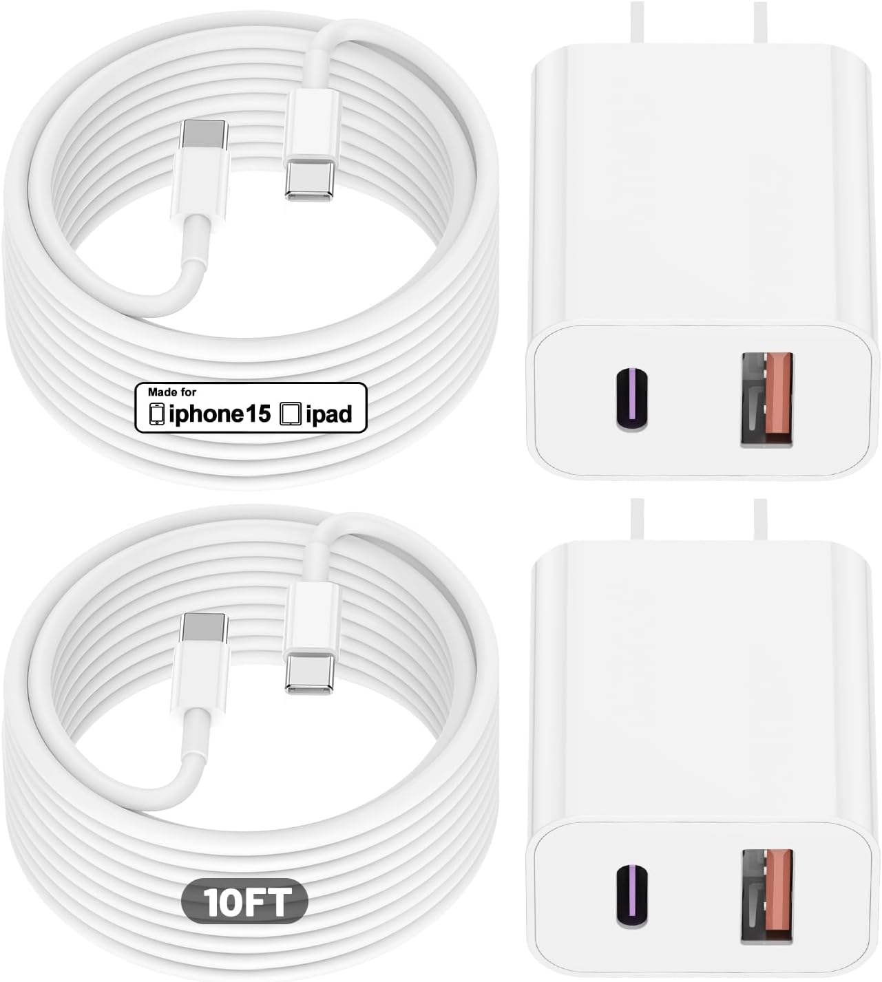 Cabepow Fast Charger for iPhone 15, 20W Dual USB Charger Block with 2Pack 10FT L...
