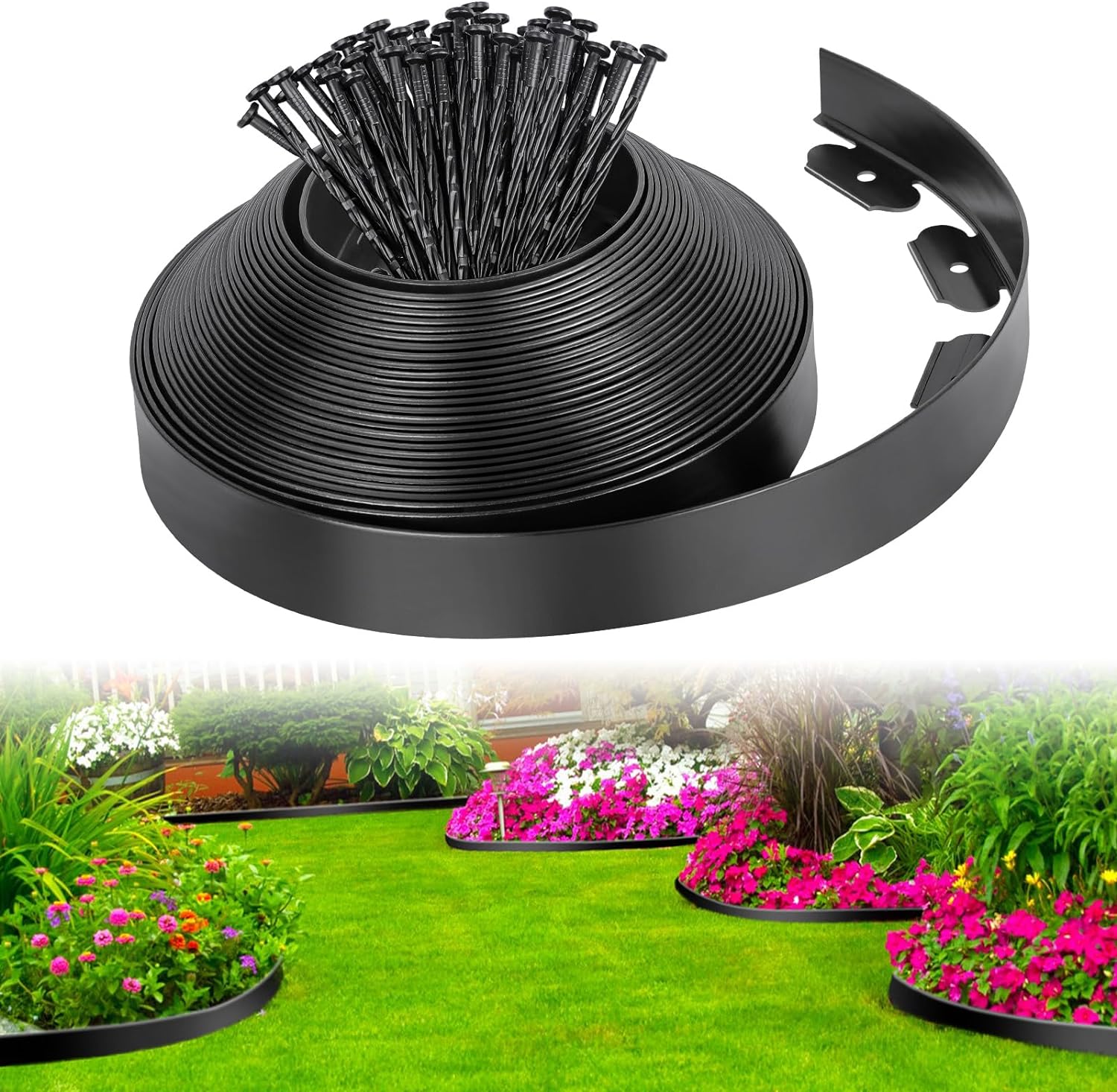 Landscape Edging Border 33 FT with 40 Spikes, 1.8" Tall No Dig Garden Edging Law...
