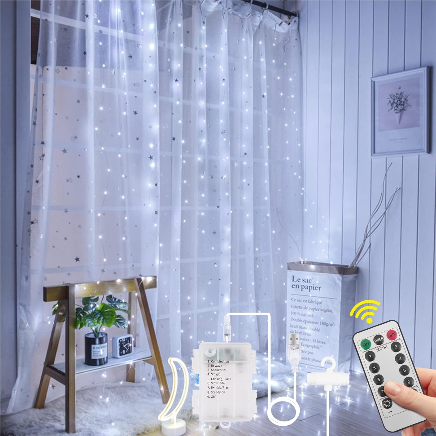 Aomig LED Curtain Lights, 3m×3m 300LED Curtain Fairy Lights, 8 Modes Remote Cont...