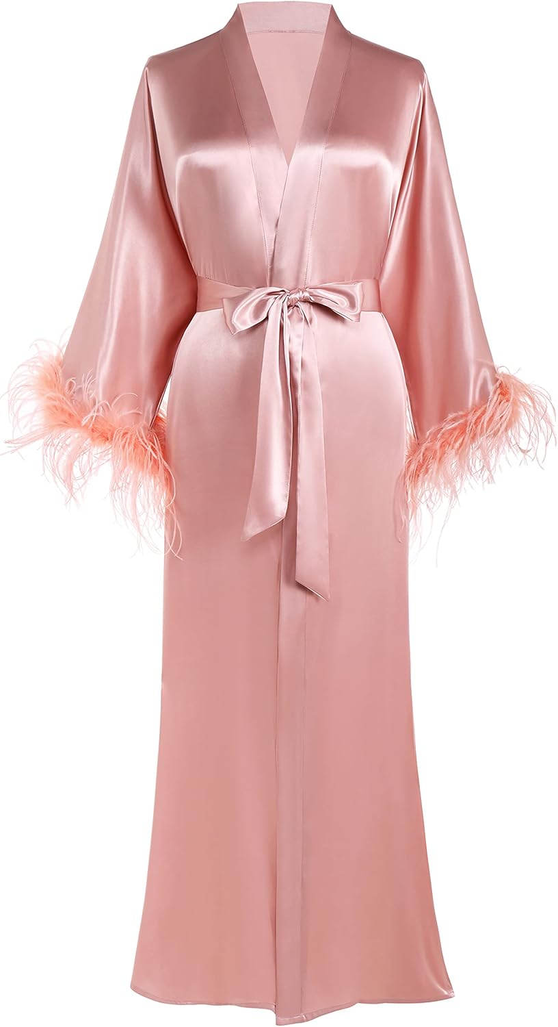 PRODESIGN Satin Kimono Robe Long Silky Bath Robe with Ostrich Feather Trim Sleep...