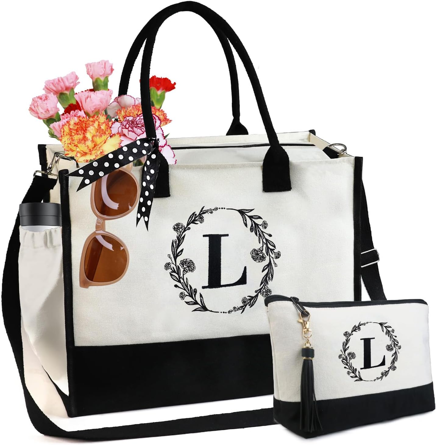 BeeGreen Personalized Tote Bag 13oz canvas- Embroidered with Letter L and Carnat...