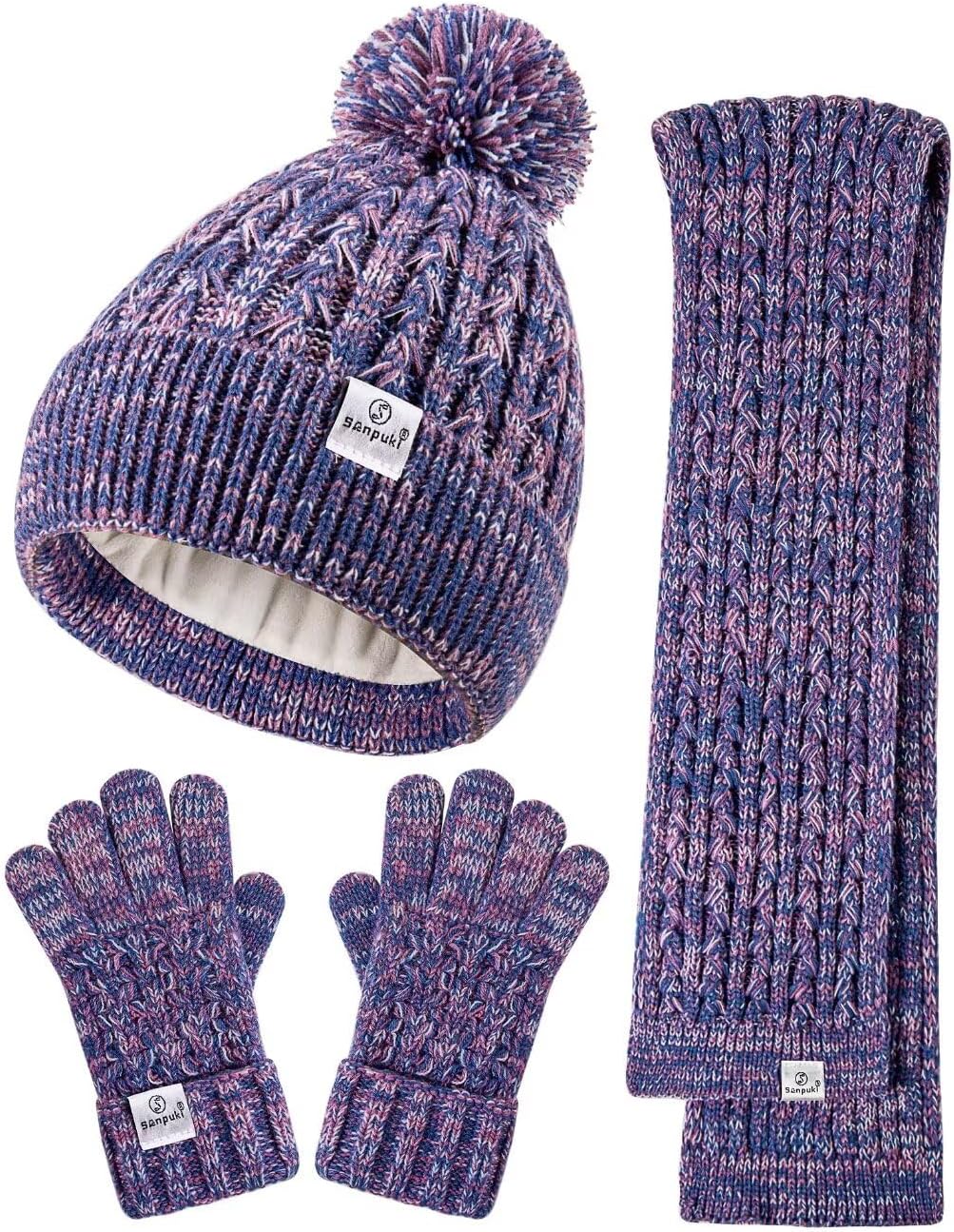 Kids Winter Hat Gloves Scarf Set,Girls Toddler Winter Hat Beanie with Pom Neck W...