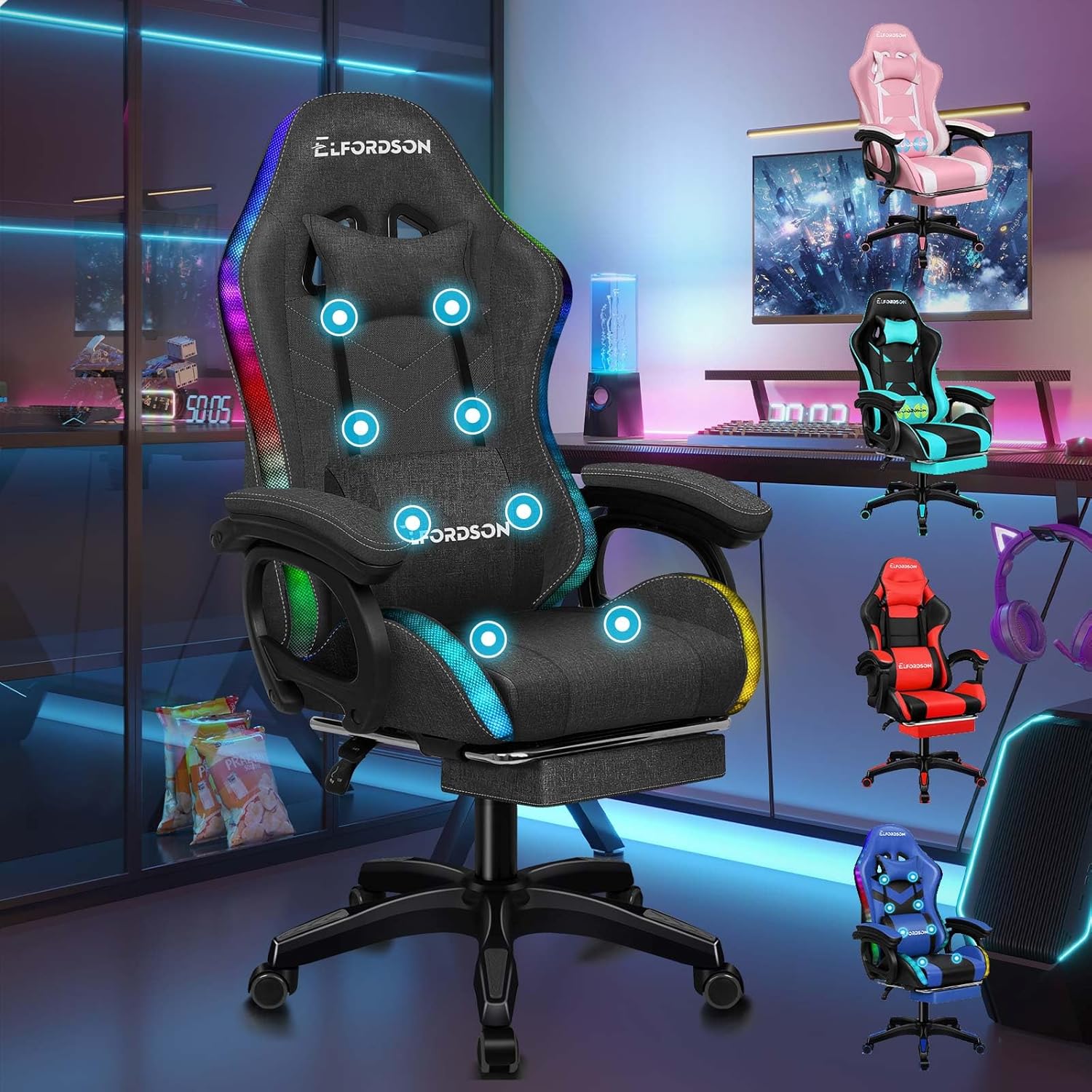 ELFORDSON LED Gaming Chair, 8-Point Massage Computer Office Chair with Lumbar Su...