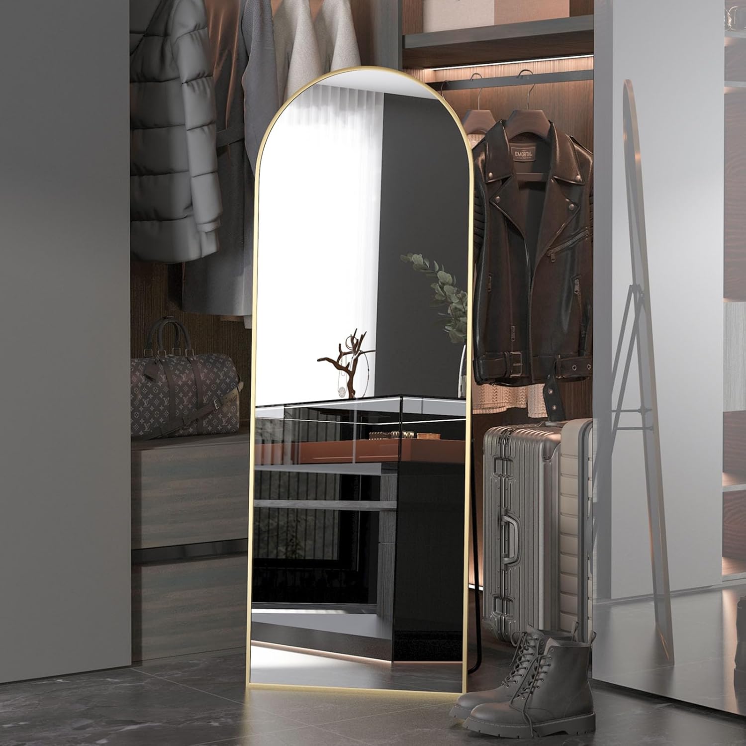 CASSILANDO Full Length Mirror 162cm×53cm, Arch Floor Mirror with Stand Arched Mi...