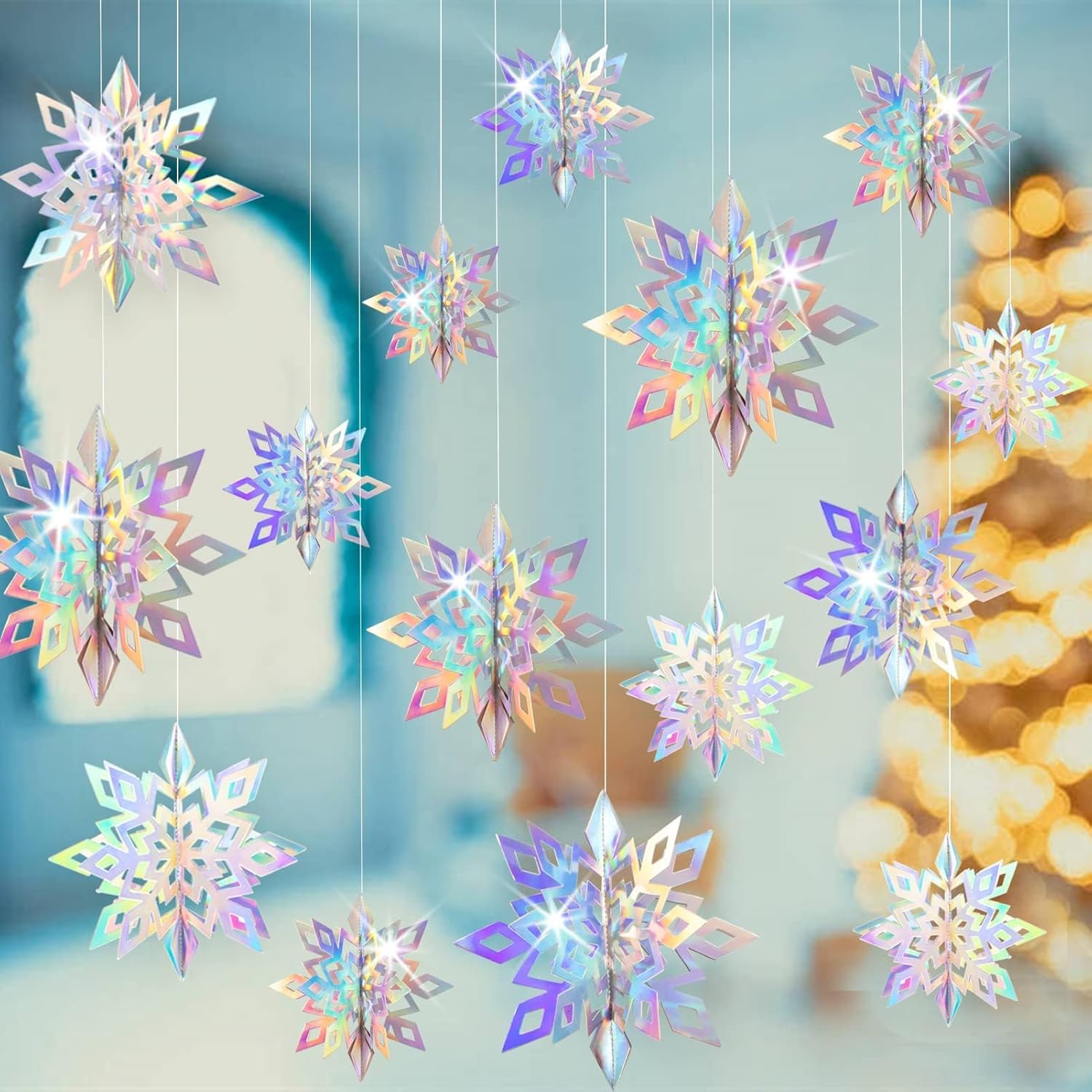 GuassLee Christmas Hanging Snowflakes Decorations Clearance 15pcs 3D Iridescent...