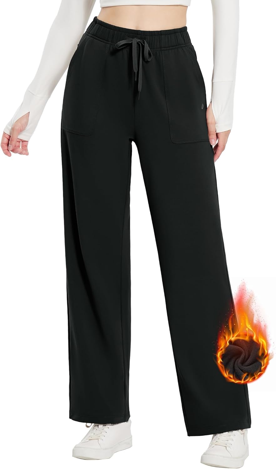 BALEAF Women's Fleece Lined Wide Leg Trousers Straight Leg Joggers Tummy Control...