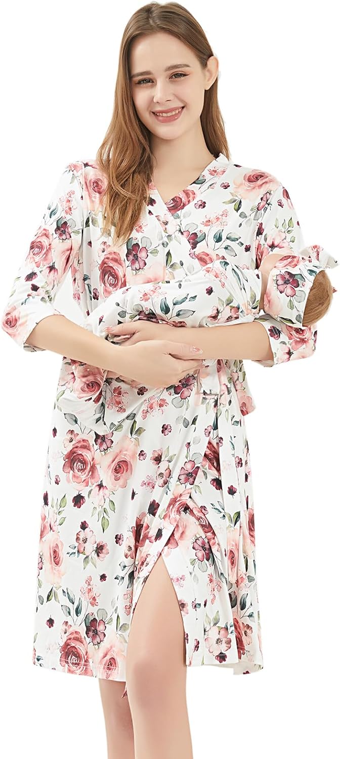 Galabloomer Maternity Robe and Baby Receiving Blanket, Matching Mommy Labor Deli...