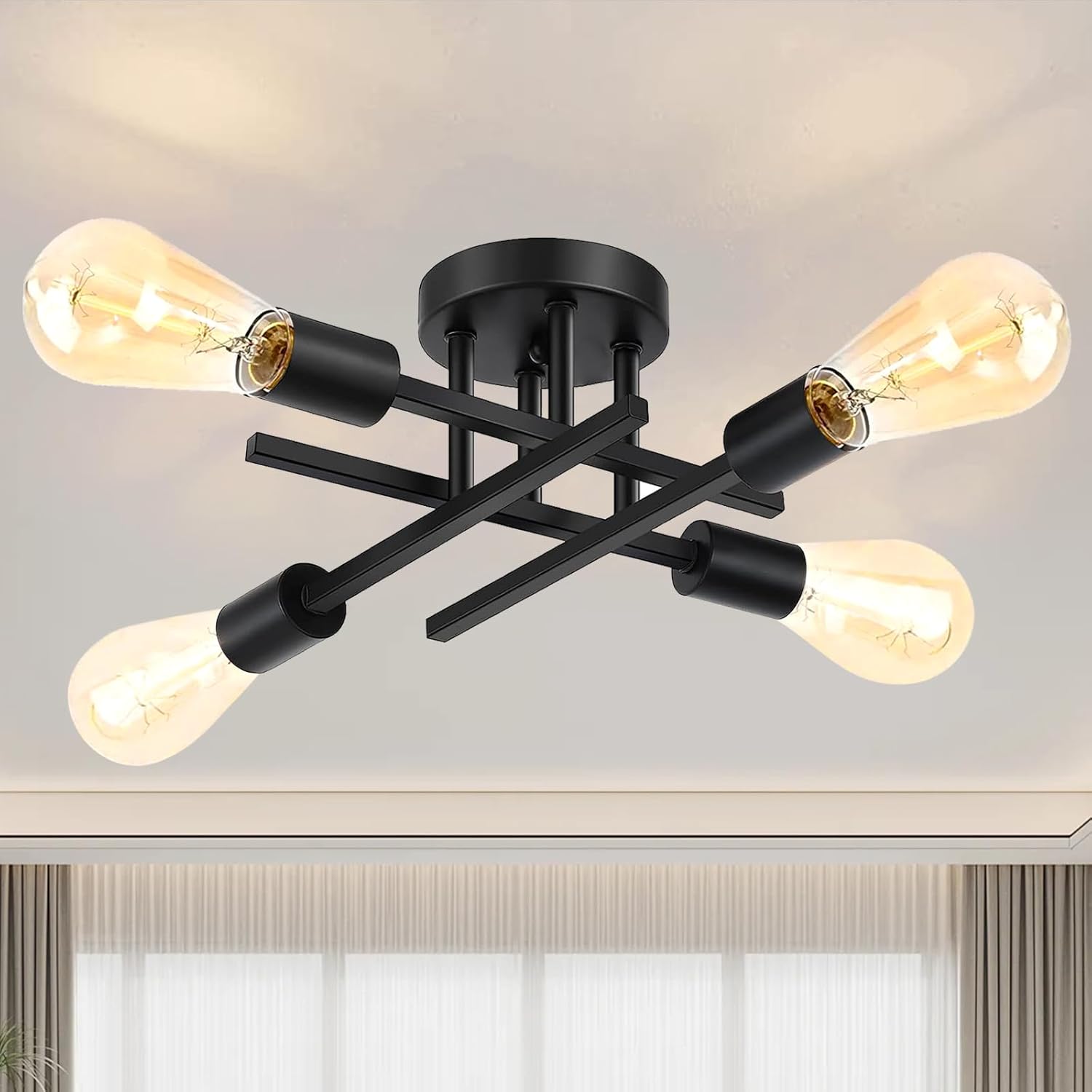 Ceiling Light, 4-Light Black Ceiling Light Fixture, Semi Flush Mount Ceiling Lig...