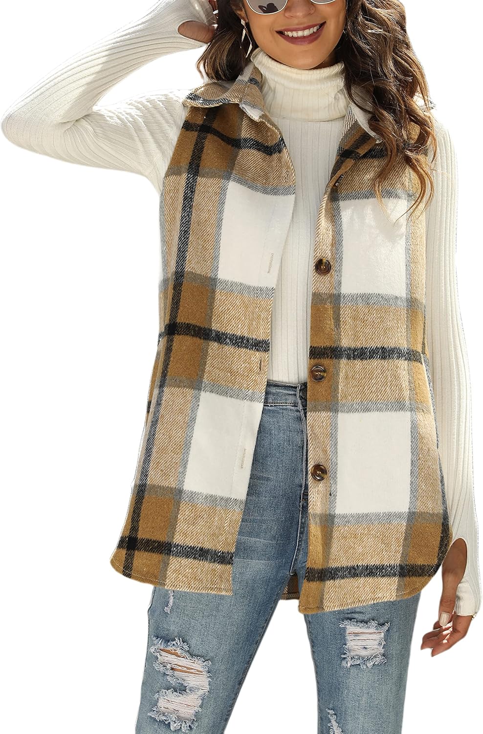 UANEO Womens Fall Flannel Plaid Vest Button Down Sleeveless Shirt Jacket With Po...