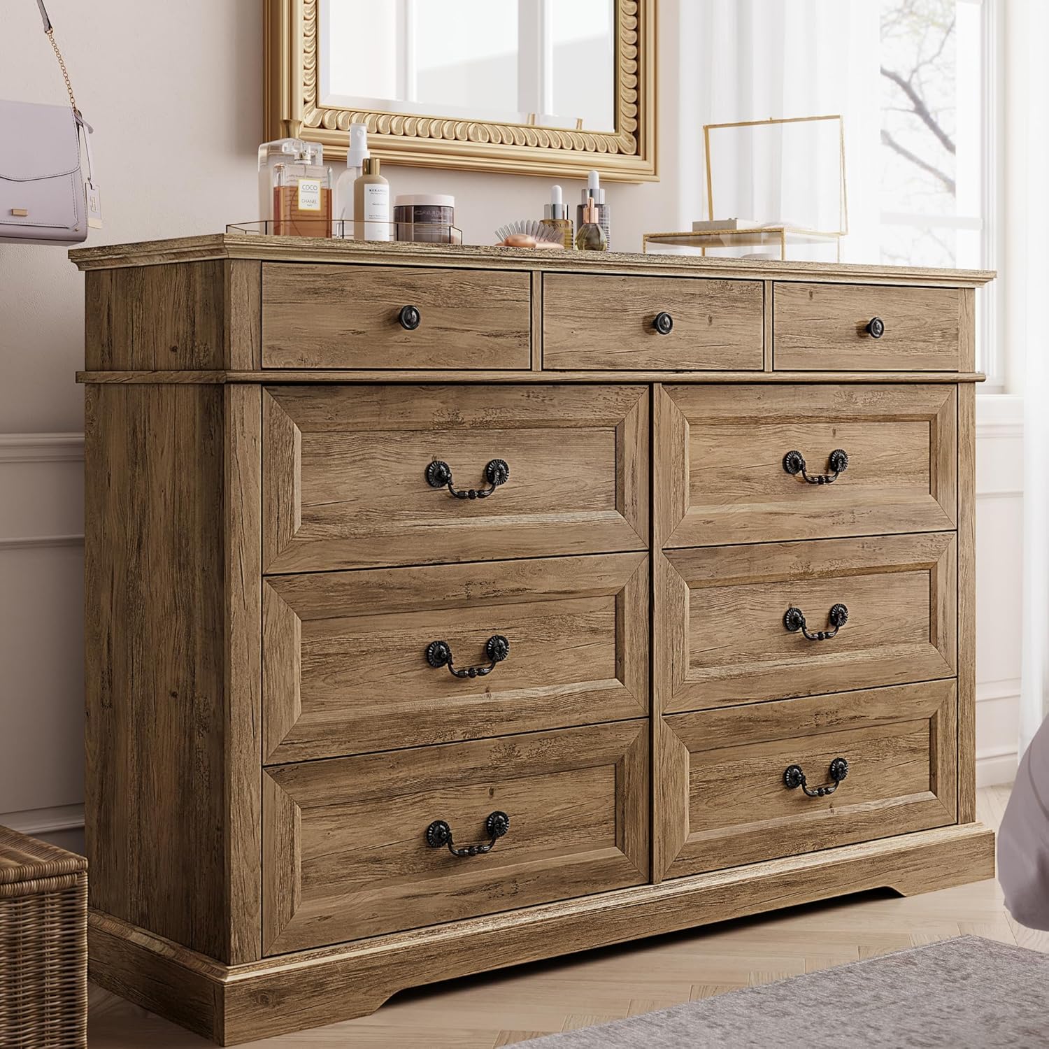 LINSY HOME 9 Drawers Dresser for Bedroom, Wood Bedroom Dresser Farmhouse Drawer...