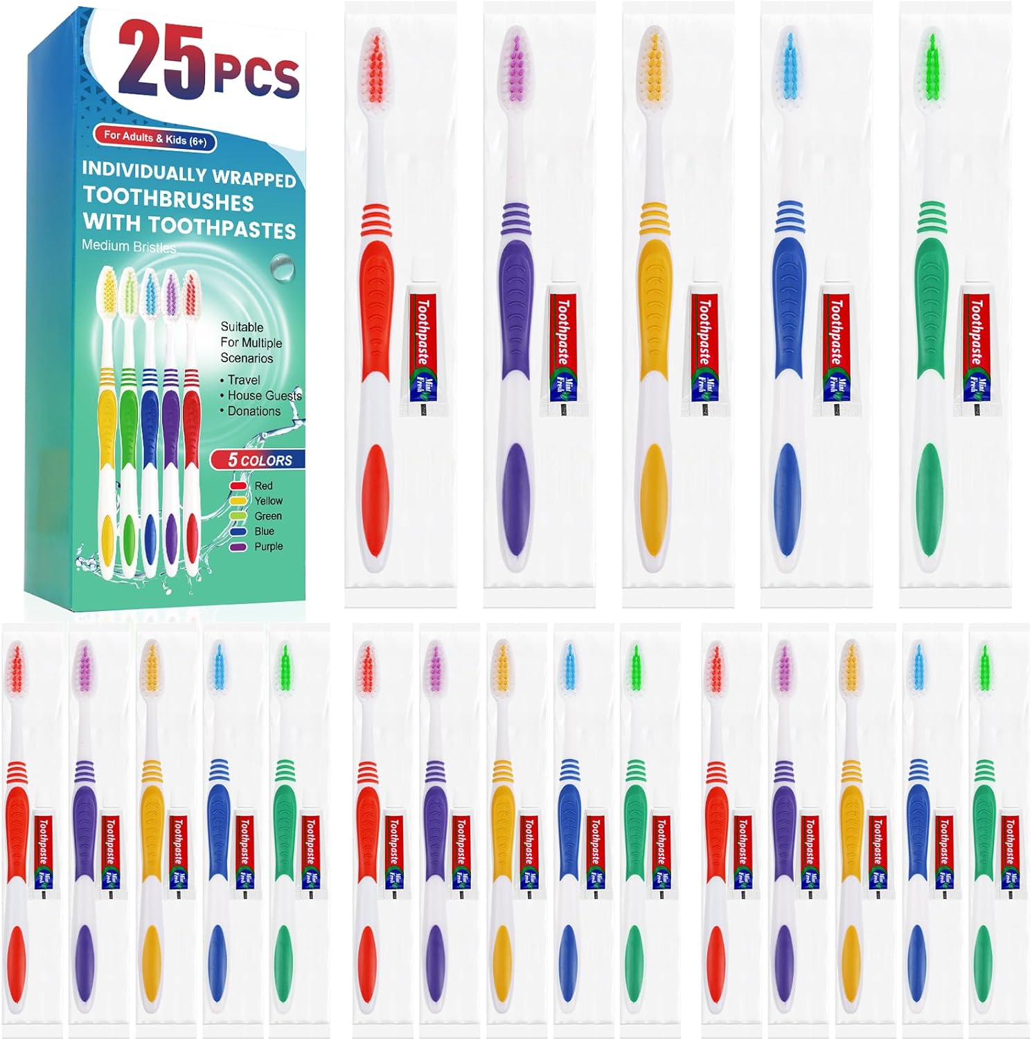 25 PCS Individually Wrapped Toothbrushes with Toothpaste Bulk, Disposable Toothb...