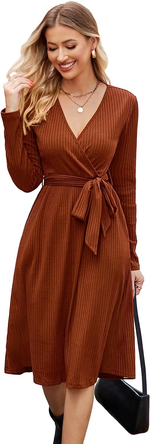 Newshows Womens 2024 Fall Sweater Dress Long Sleeve Business Casual Outfits V Ne...