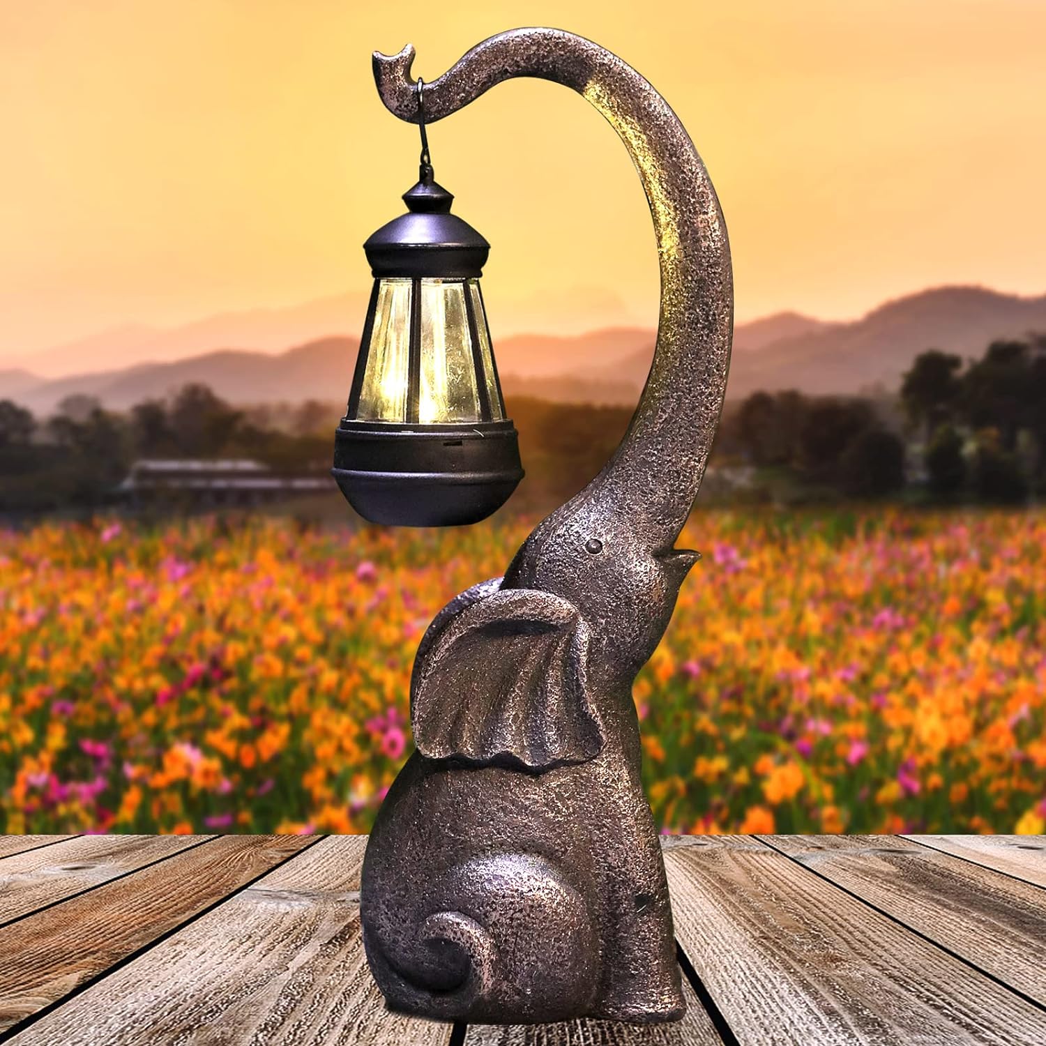 15" Outdoor Sculpture Figurine Statue Elephant Home Decorations Solar Garden Sta...