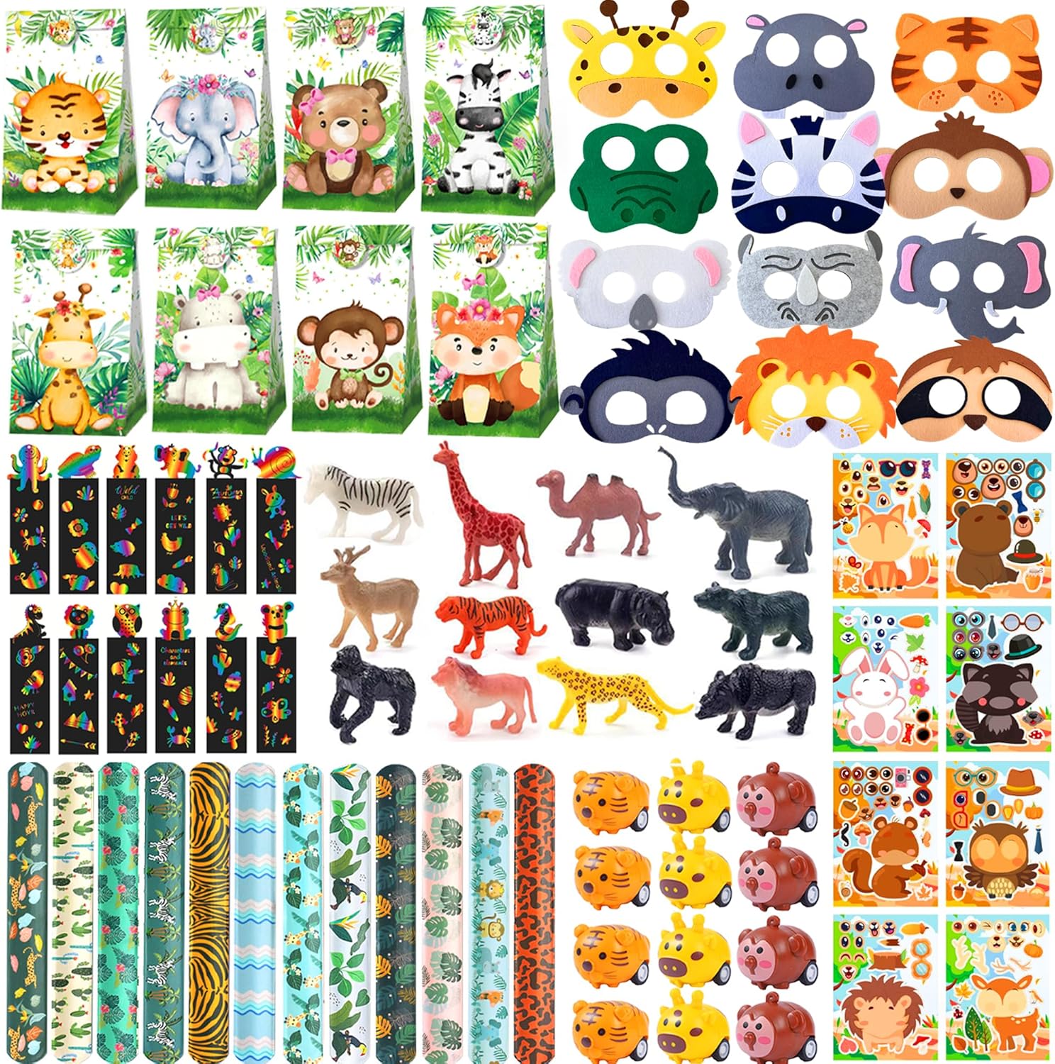 XIPEGPA 88 PCS Jungle Safari Party Favors Set Wild Animals Theme Bags Masks Stic...