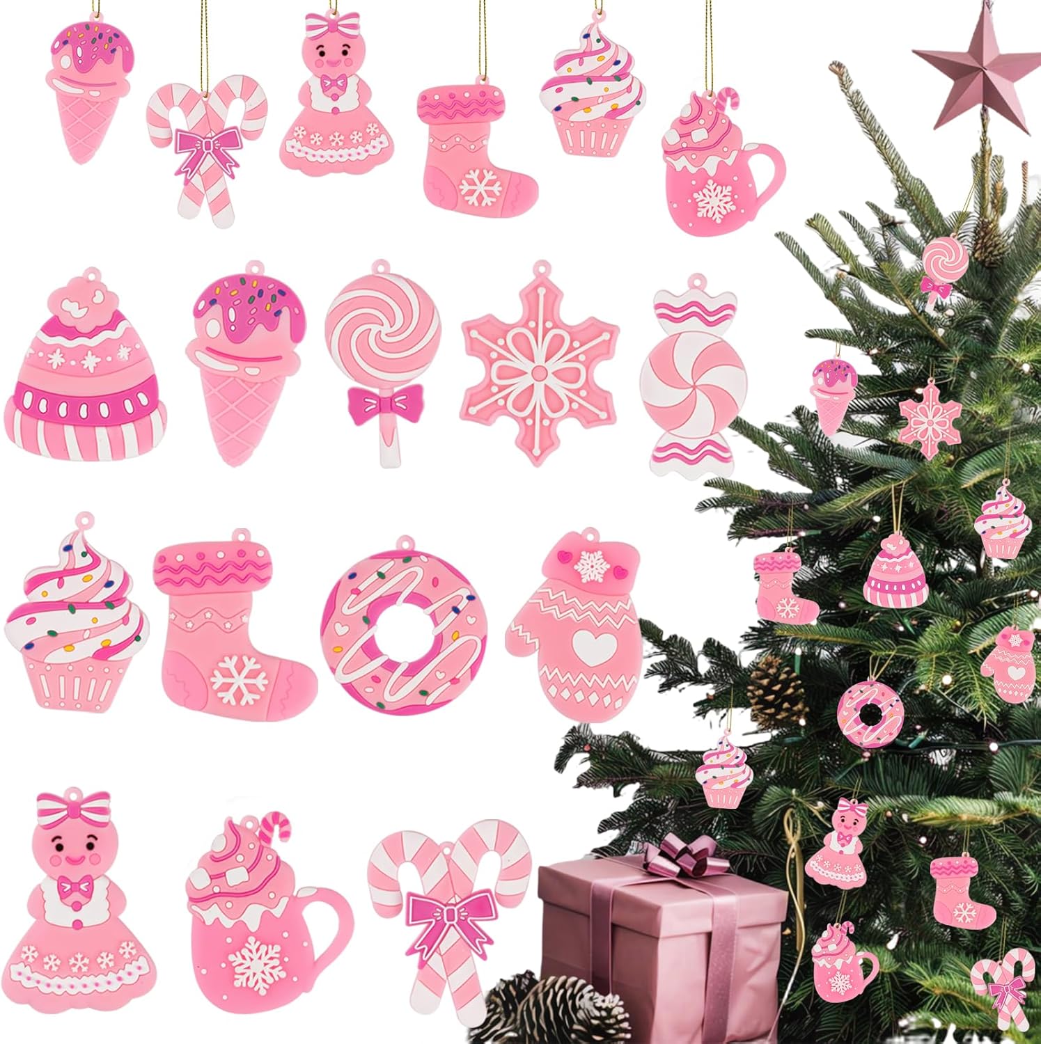 Pink Candy Ornaments for Christmas Tree Decorations, 12 PCS Soft PVC Candy Sweet...