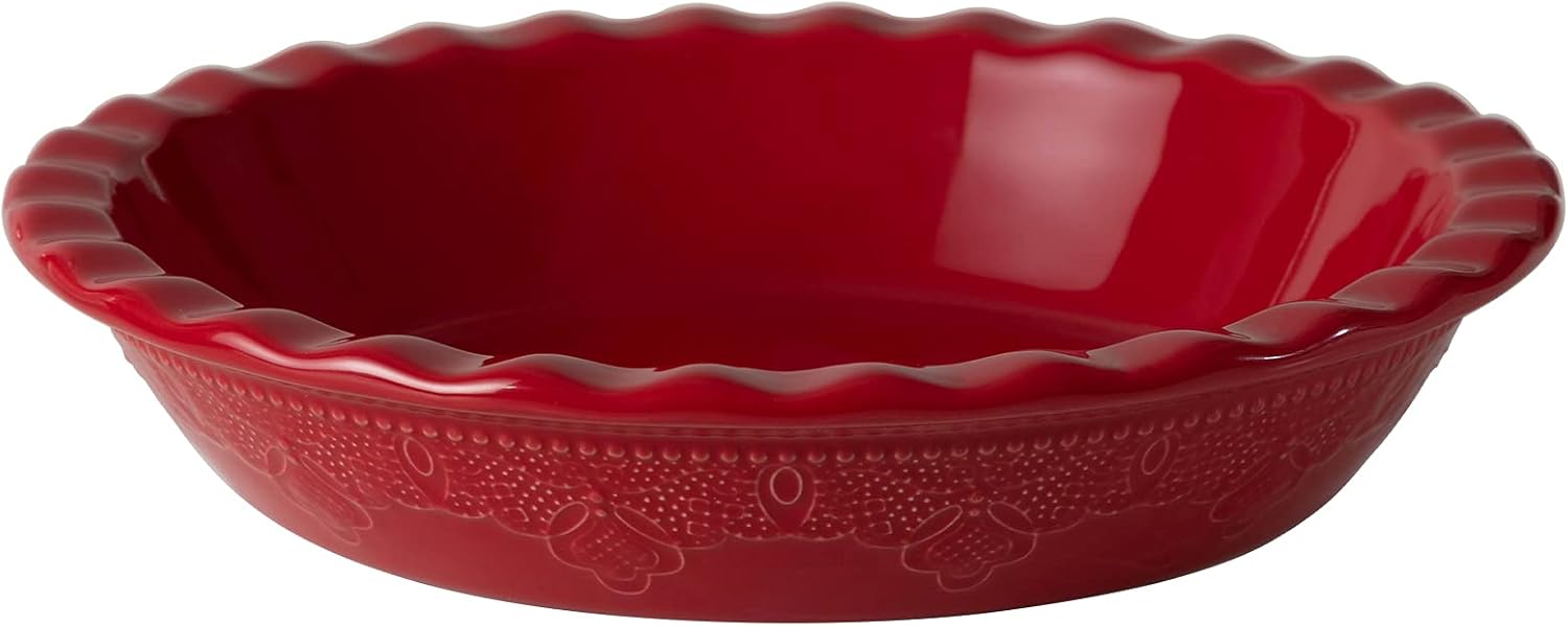 Fun Elements Pie Pan, 9 Inch Ceramic Pie Dish, Deep Dish Pie Pan with Lace Embos...