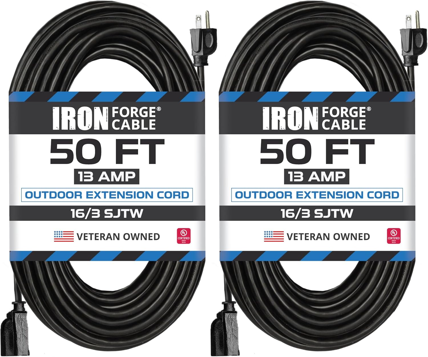 IRON FORGE CABLE 2 Pack Outdoor Extension Cord 50 ft, 16/3 SJTW Heavy Duty Black...