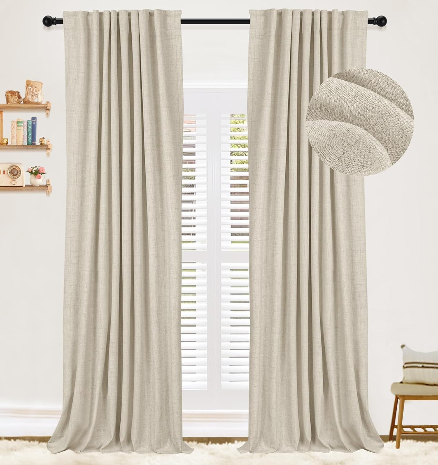 100% Blackout Shield Linen Blackout Curtains 108 inches Long,Back Tab/Rod Pocket...