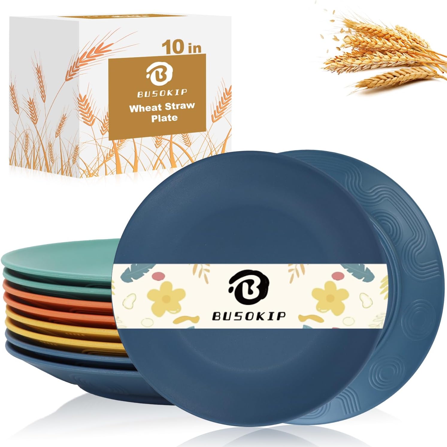 Wheat Straw Plates 10 Inch Unbreakable Dinner Plates Set of 8 Multicolor Plates,...