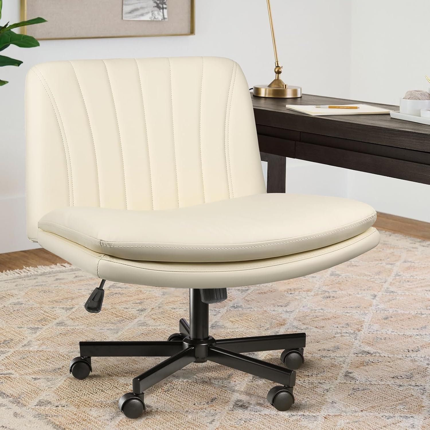 LEMBERI Armless Office Desk Chair with Wheels,Faux Leather Cross Legged Wide Cha...