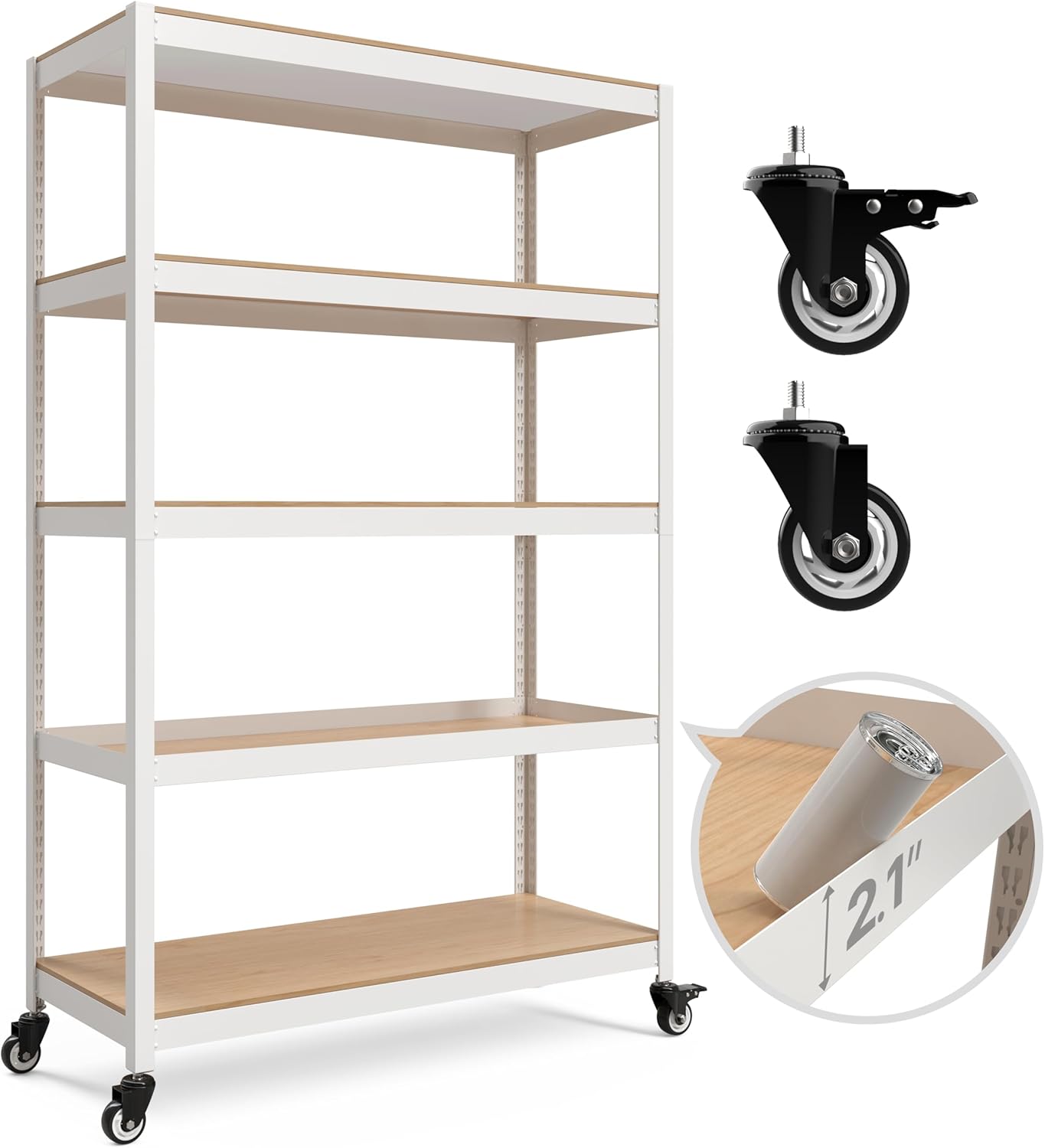 HOMEDANT House White 5-Tier Metal Boltless Rolling Cart Shelf Rack Casters Heavy...