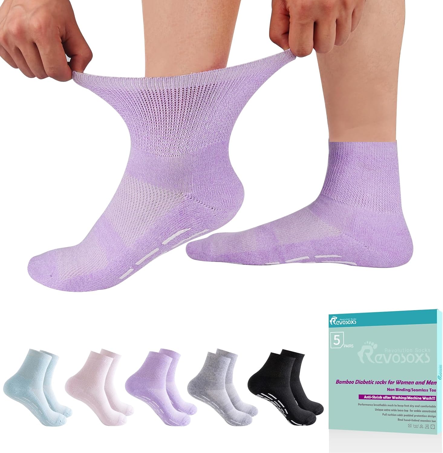 Revosoxs Diabetic Socks with Grippers for Men Women,5 Pairs Socks Size 6-9 9-12...