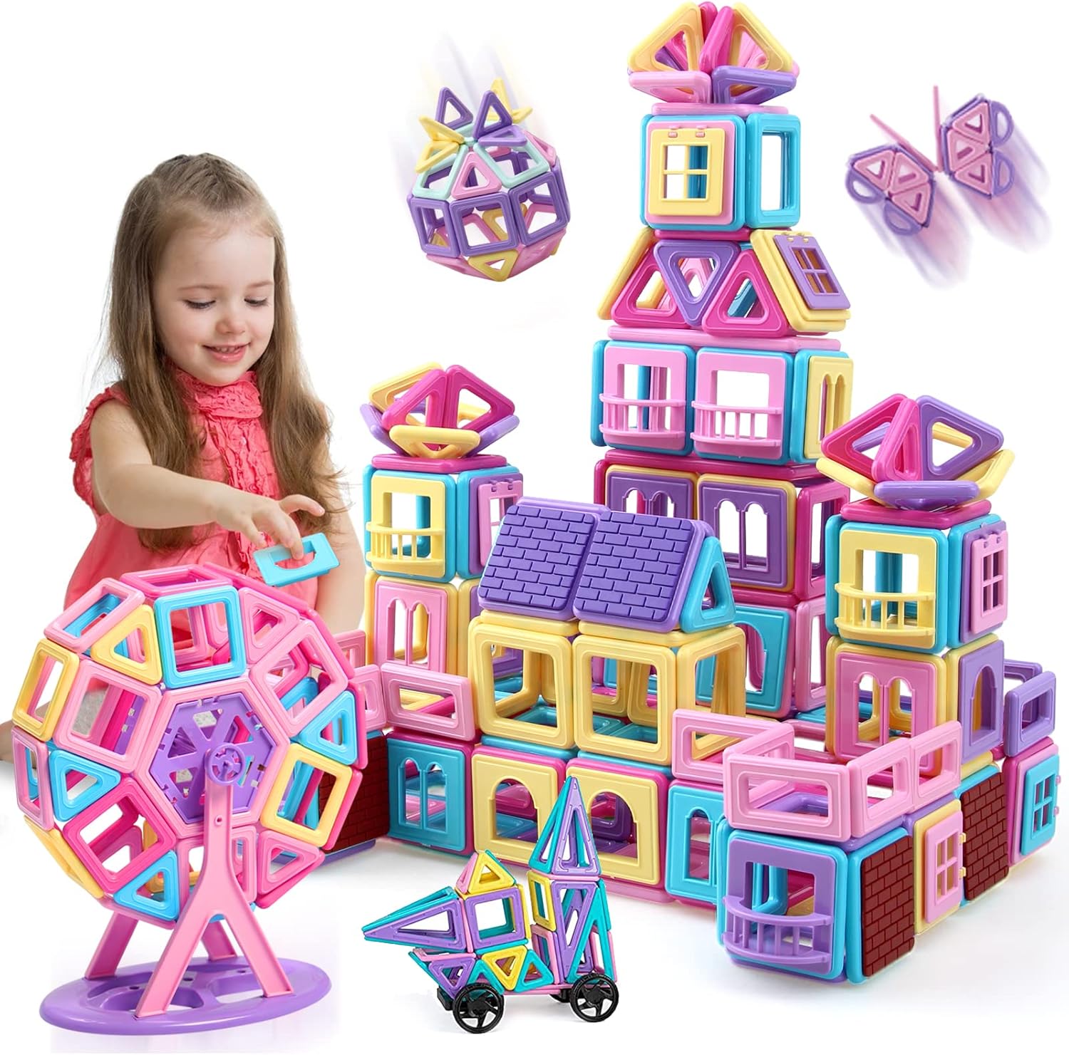 117PCS Magnetic Tiles Toys, Castle Magnetic Building Blocks Toys for 3 Year Old...