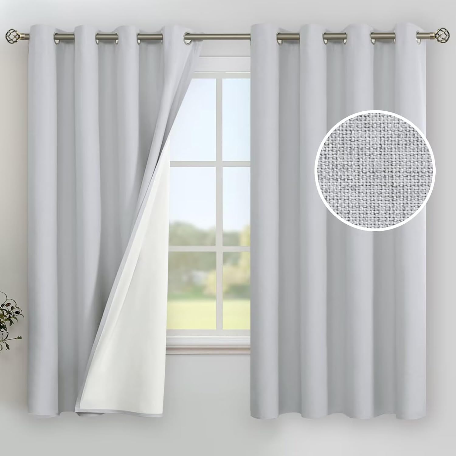 YoungsTex Light Grey Linen Blackout Curtains 63 Inch Long for Bedroom, Grommet F...