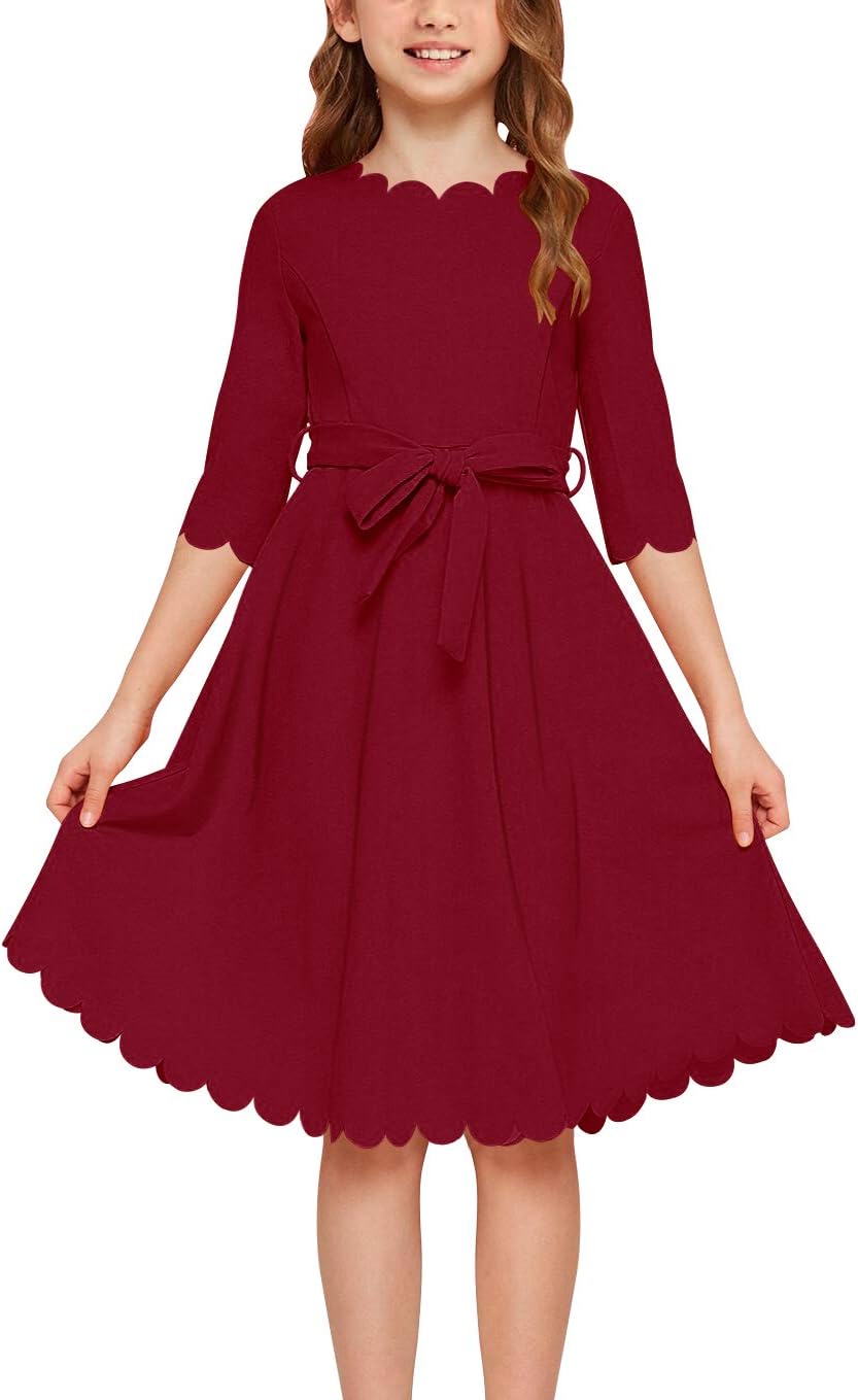 GORLYA Girl's 3/4 Sleeve Casual Scalloped Edge A-line Belted Dress with Pockets...