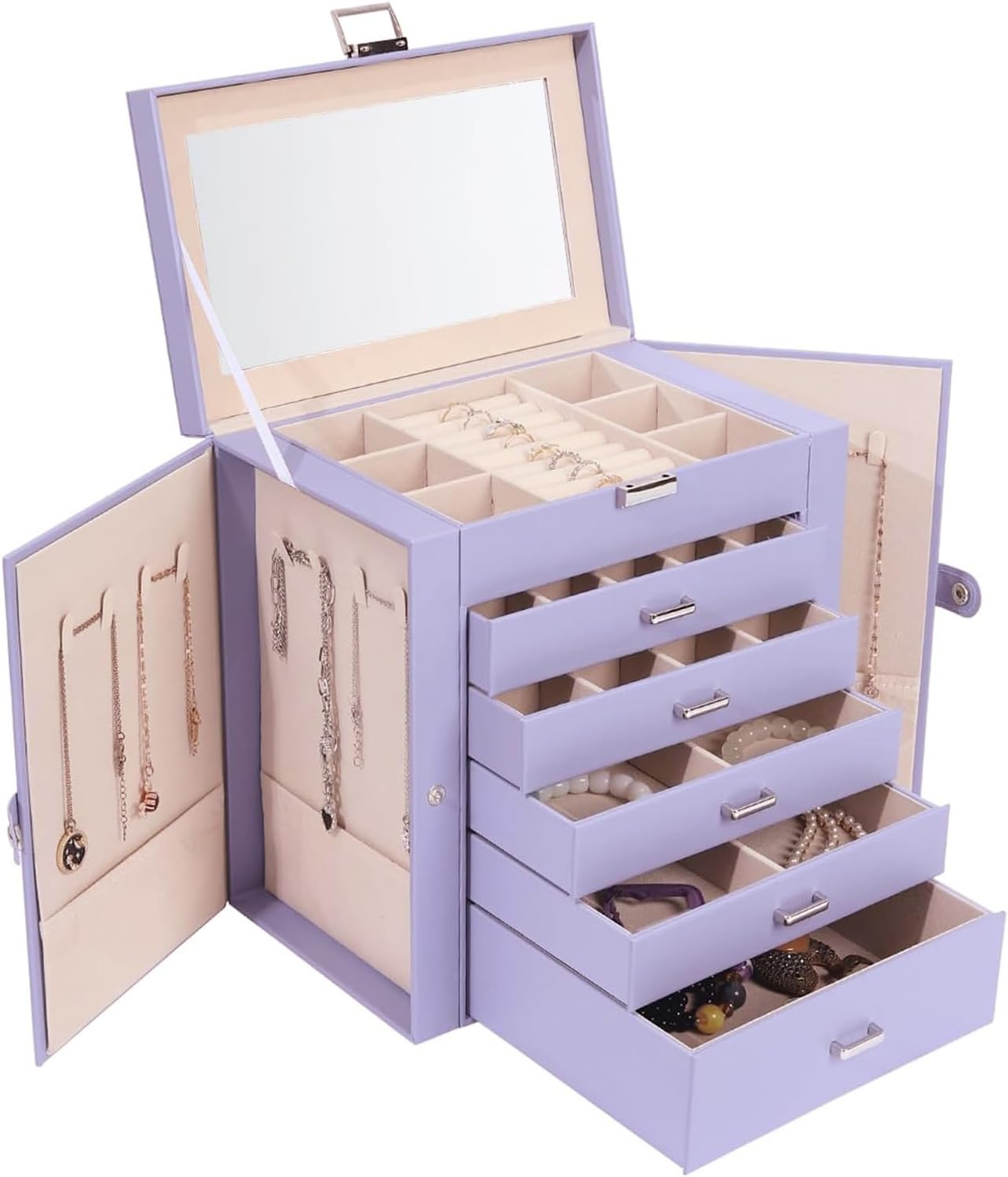 BOOVO Jewelry Box For women, 6 Layer Large Jewelry Organizer With Mirror, Multi-...