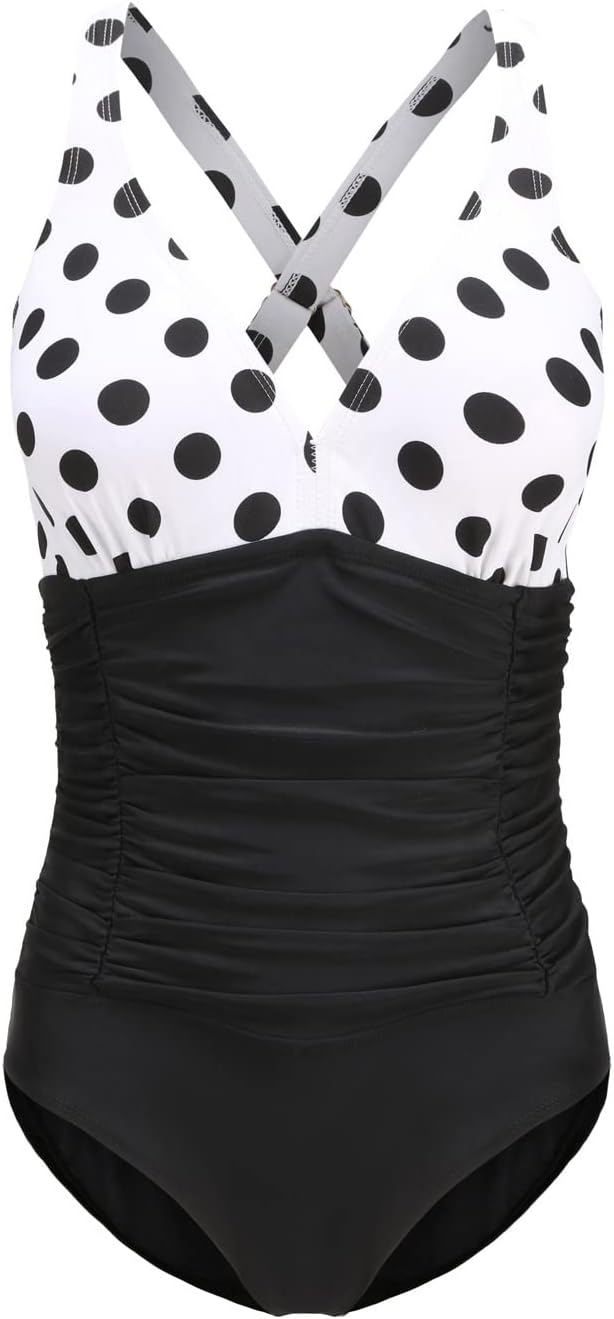 F FLYRONG Women's Swimming Costume Ruched Tummy Control Swimwear V Neck One Piec...