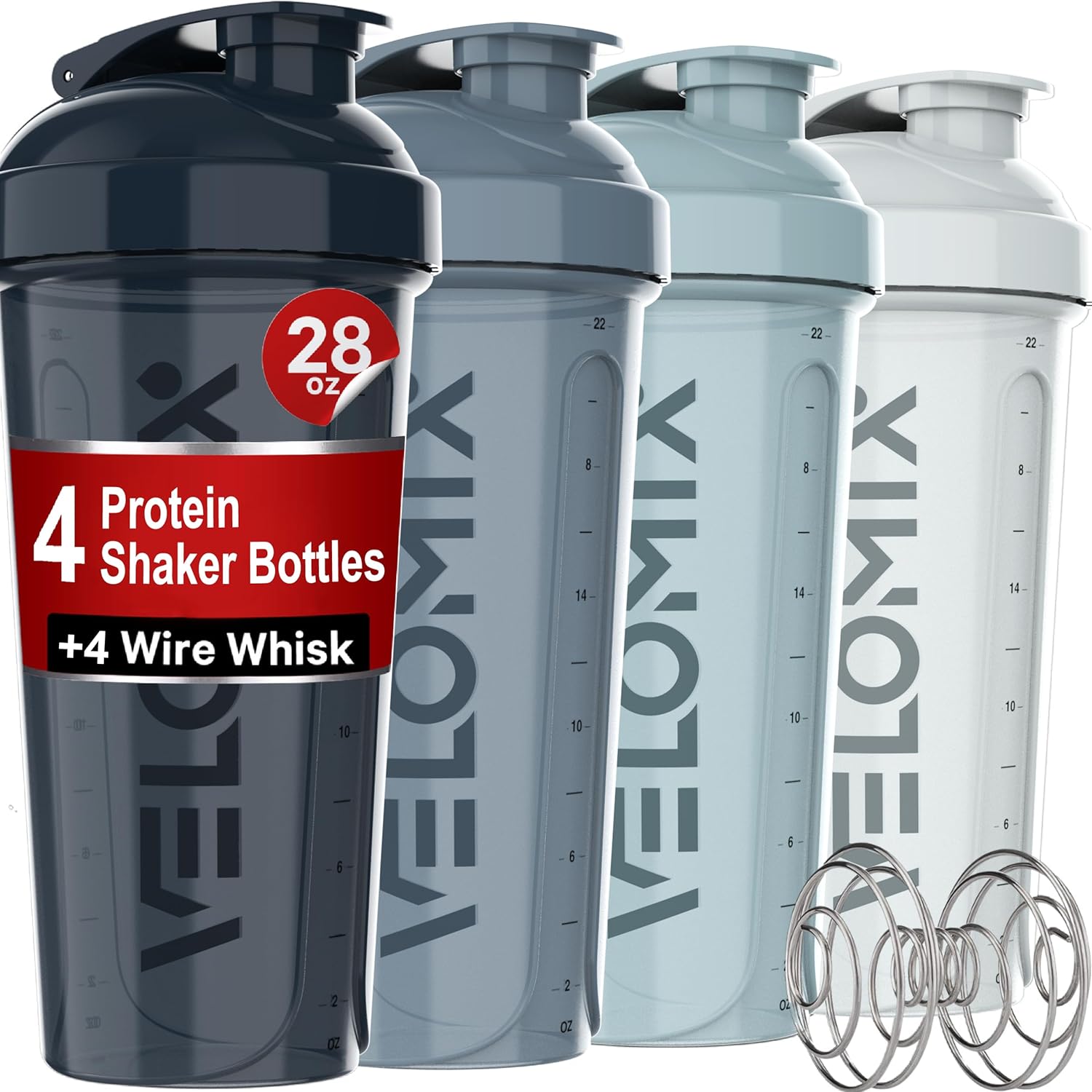 -4 PACK- 28 oz Shaker Cups for Protein Shakes - 4x Wire Whisk | Leak Proof Prote...