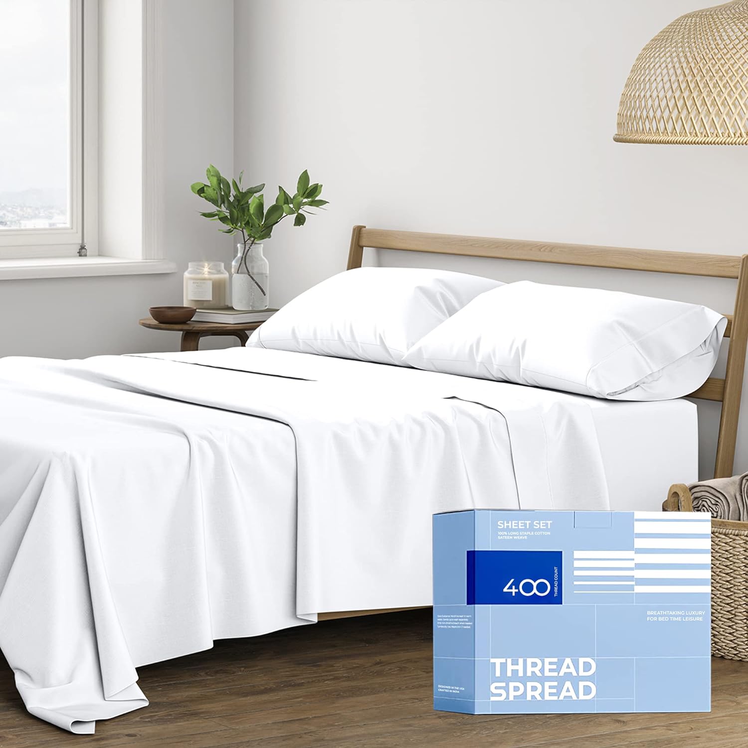 THREAD SPREAD 100% Cotton Sheets for Queen Size Bed - 400 Thread Count 4 PC Quee...