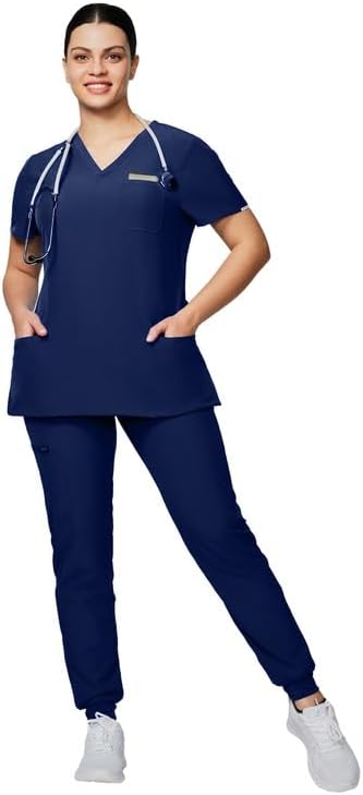 Medical Scrub Set For Women - Modern V-Neck Scrub Top & Slim Jogger Scrub Pants,...