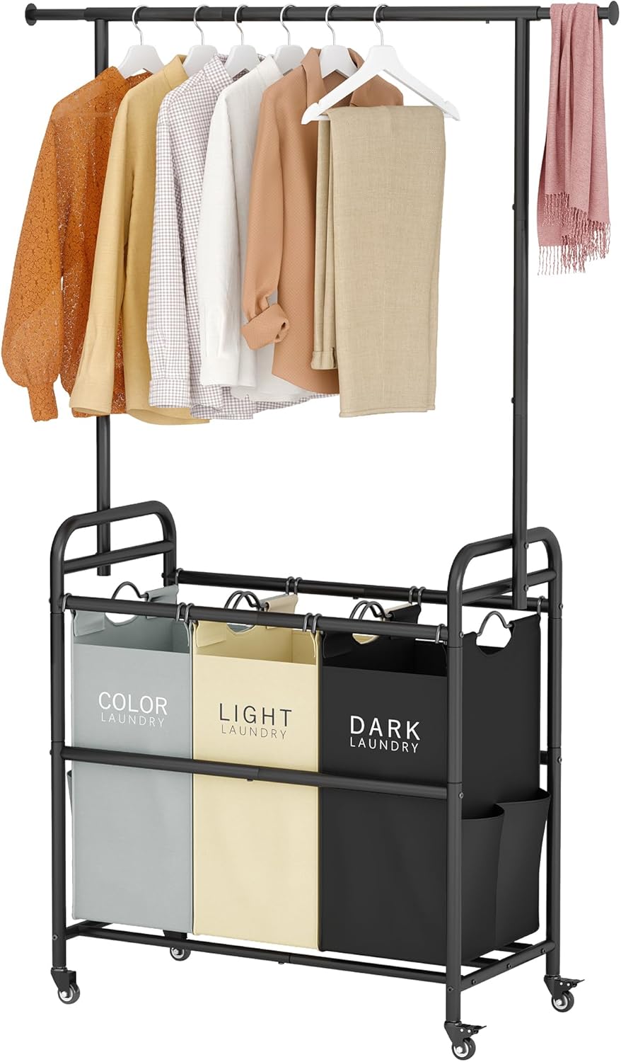 Tajsoon Laundry Sorter Cart with Hanging Clothes Rack, 3 Butler Sorter Basket Or...