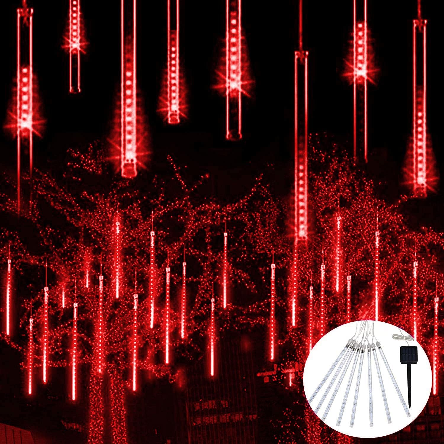 JMEXSUSS Red Solar Meteor Shower Rain Lights, 8 Tube 144 LEDs Solar Christmas Li...