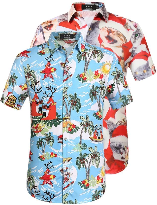 SSLR Men's Santa Claus Party Tropical Ugly Hawaiian Christmas Shirts Medium Blue...