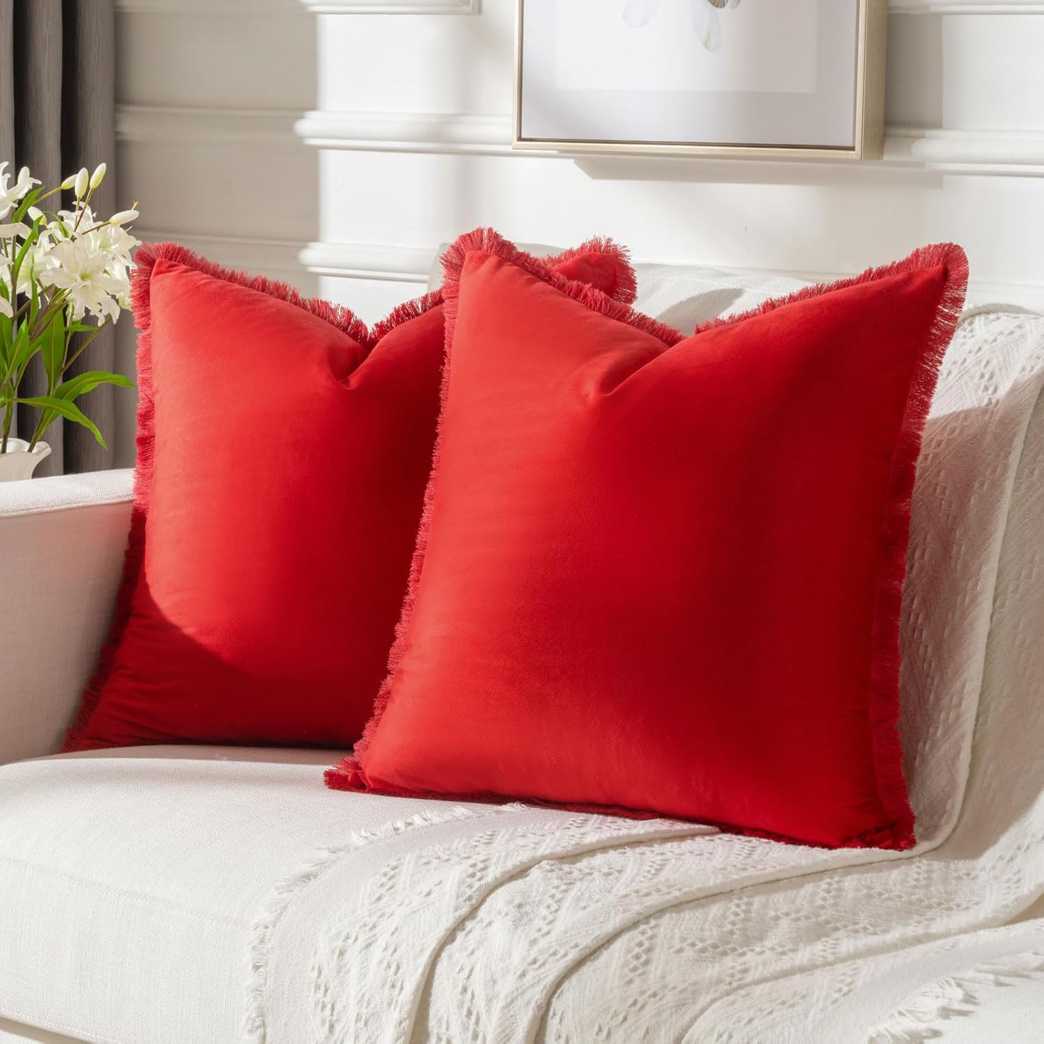 FUTEI Christmas Red Boho Throw Pillow Covers with Tassels 18x18 Inch Set of 2,So...