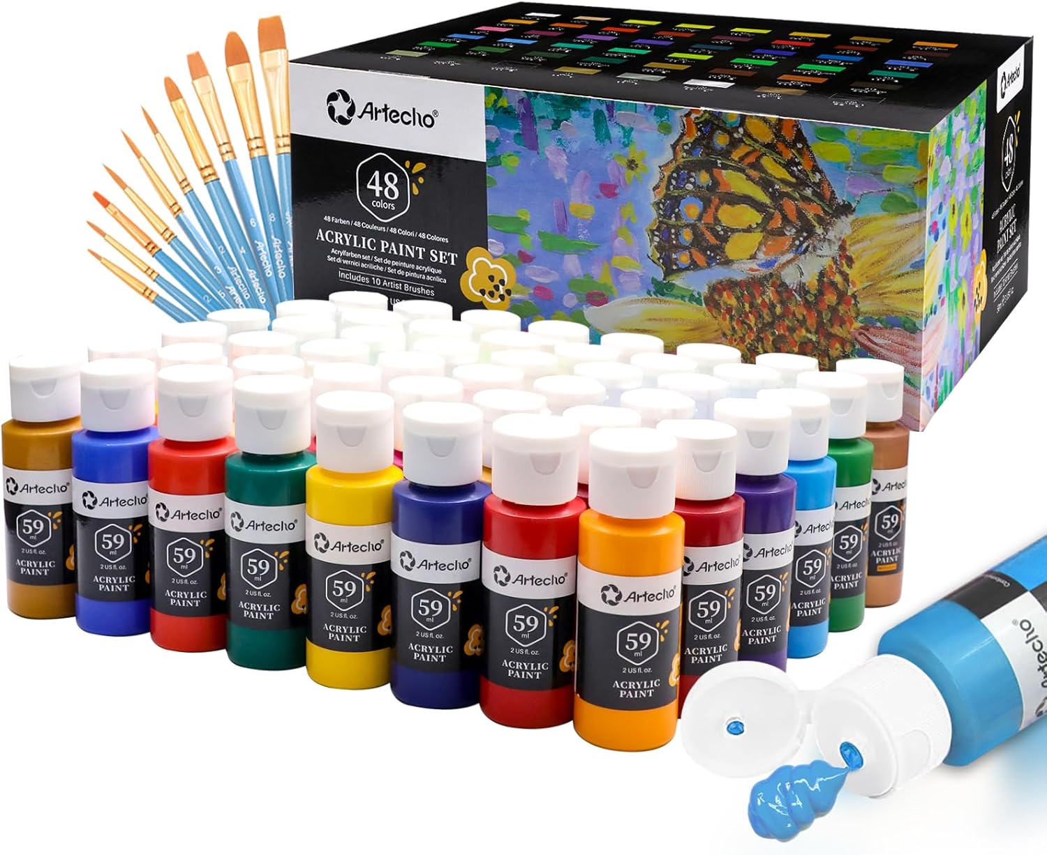 Artecho Acrylic Paint Set 48 Colors 2 Ounce/59ml with 10 Paint Brushs, Basic Acr...
