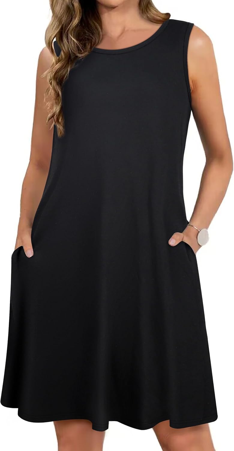 Summer Dresses for Women Beach Boho Sleeveless Vintage Floral Flowy Pocket Tshir...
