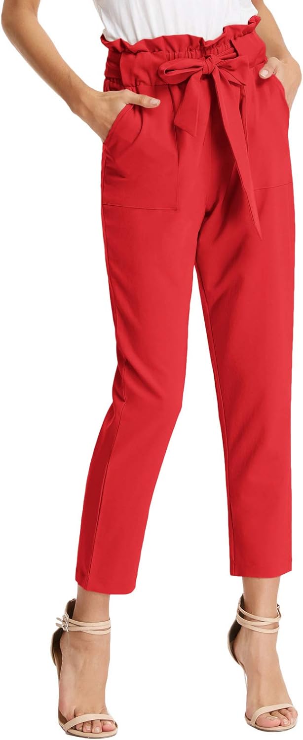 GRACE KARIN Women's Cropped Paper Bag Waist Pants with Pockets Large Red