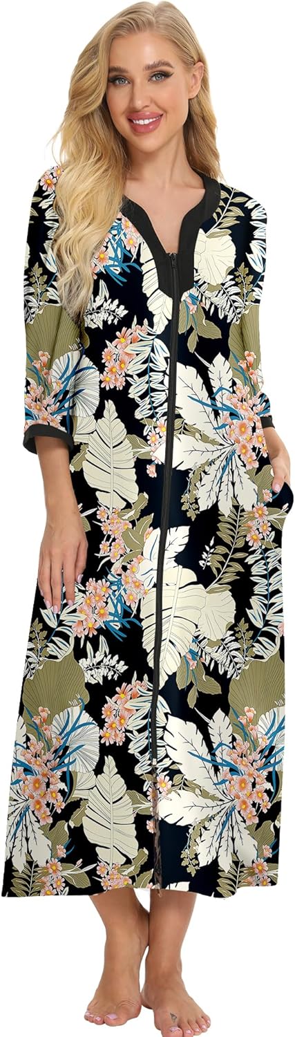 Bloggerlove House Dresses for Womens Zip Up Robe Cotton Nightgown Long House Coa...