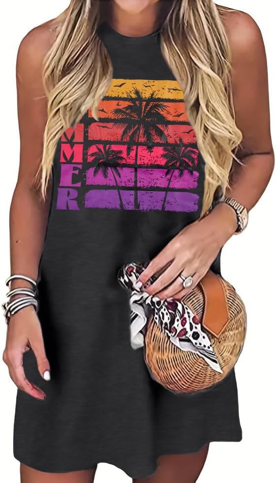 Summer Sundress Graphic Sleeveless Dresses: Women Beach Tank Dress Short Casual...