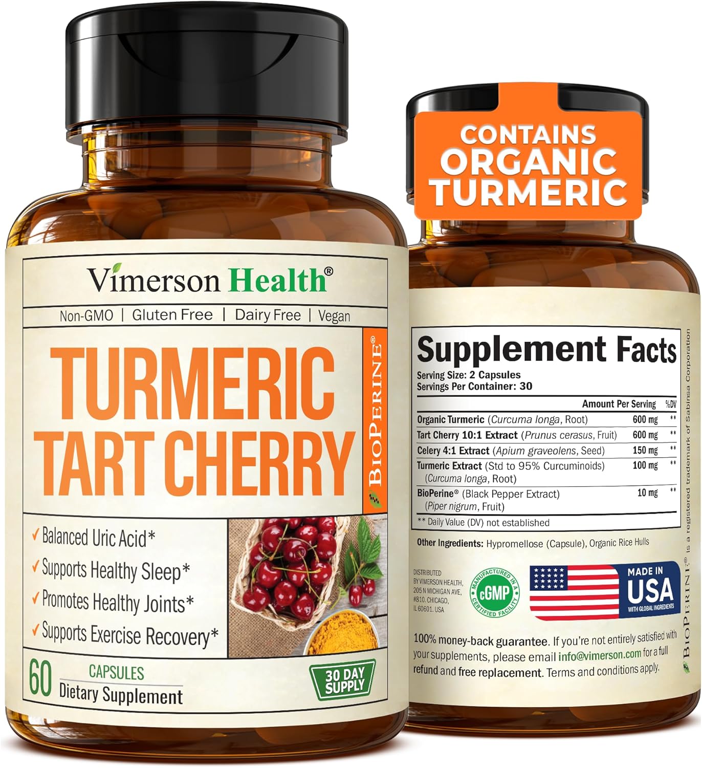 Turmeric Curcumin & Tart Cherry Extract Capsules with Black Pepper & Organic Tum...