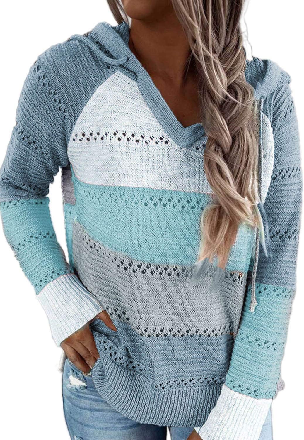 BLENCOT Women Color Block Sweaters, Special Hooded Crochet Striped Hoodies, Tren...