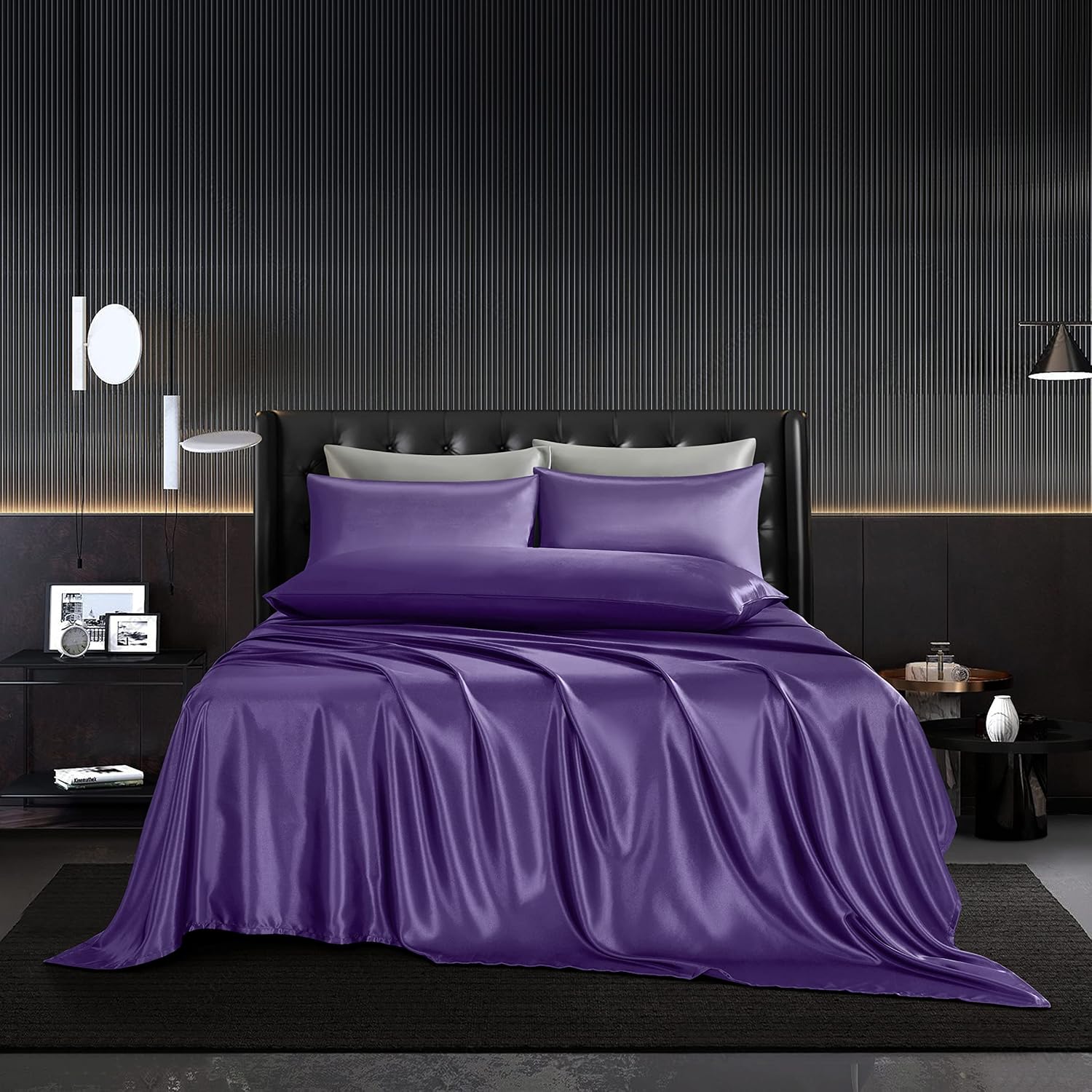 5Pcs Purple Satin Sheets Set, Special Luxury Bedding Sheets King Size, Innovativ...